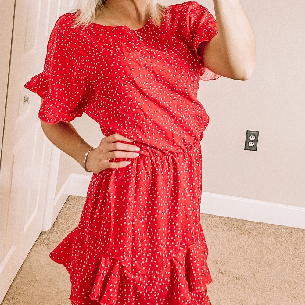 Red and White Ruffle Hem Dress with Belt
